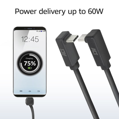 ACT AC7477 | USB 3.2 Gen 2 Kabel | USB-C (haaks boven/beneden) naar USB-C (haaks boven/beneden) | 60W | 10Gbps | 1m | Zwart - Matmuis - Matmuis