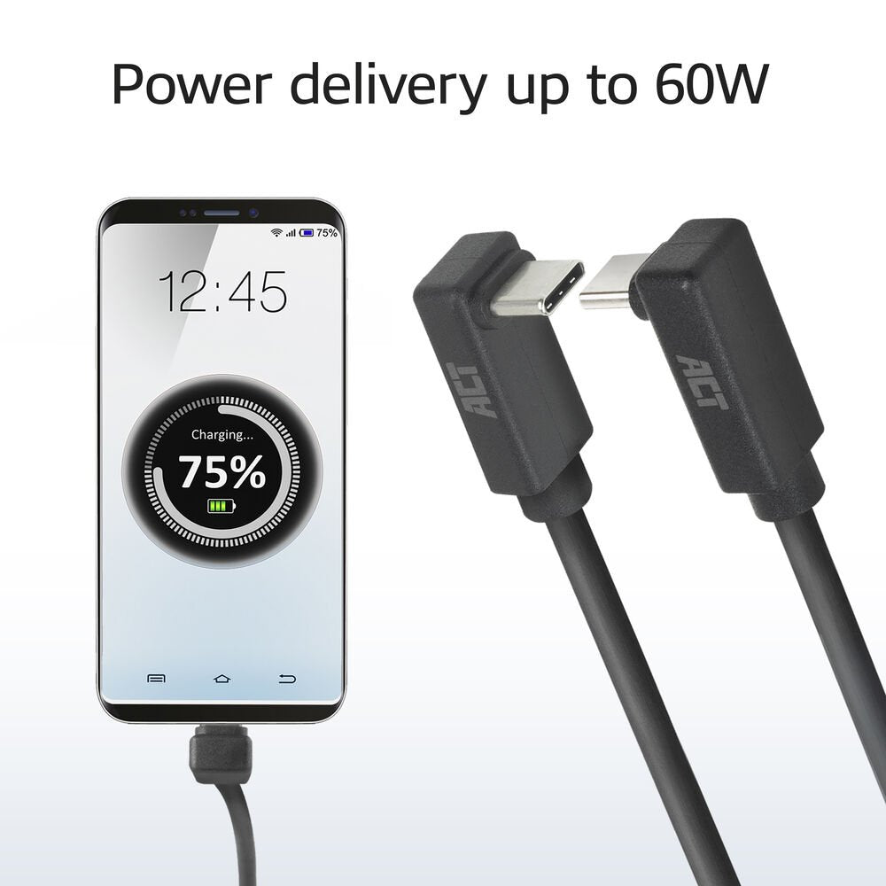 ACT AC7478 | USB 3.2 Gen 2 Kabel | USB-C (haaks boven/beneden) naar USB-C (haaks boven/beneden) | 60W | 10Gbps | 2m | Zwart - Matmuis - Matmuis