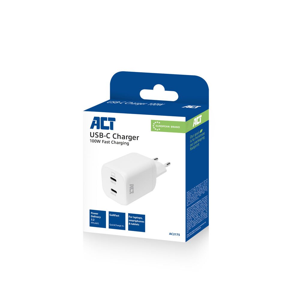 ACT AC2175 | 100W USB-C-lader | 2× USB-C | Power Delivery 3.2 | PPS & AVS | GaNFast