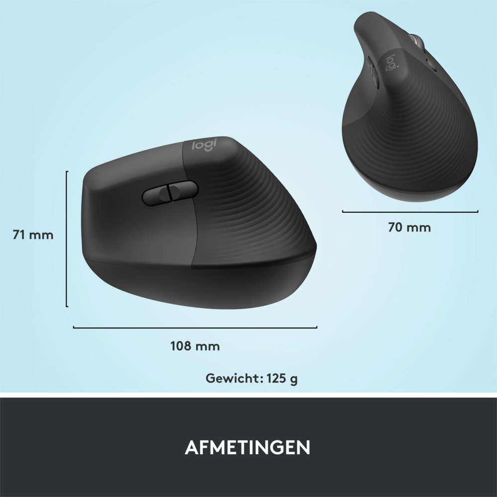 Logitech Lift | Ergonomische Draadloze Muis | Rechtshandig | RF + Bluetooth | 4000 DPI | Grafiet - Matmuis - Matmuis