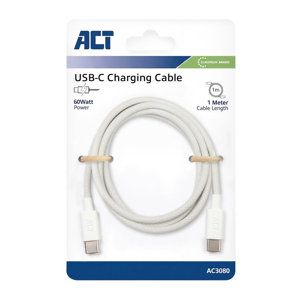 ACT AC3080 | USB 2.0 Kabel | USB-C naar USB-C | 60W | 480Mbps | Wit | 1 Meter - Matmuis - Matmuis