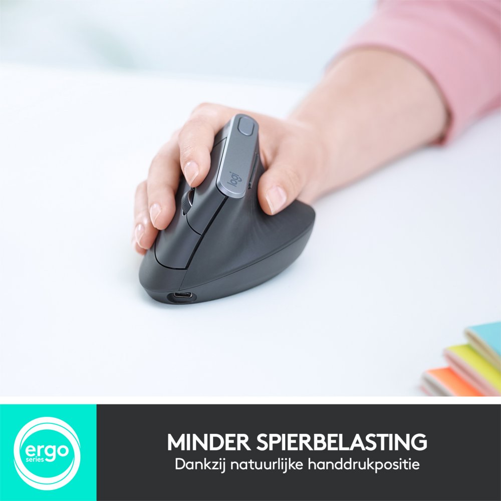 Logitech MX Vertical | Draadloze Ergonomische Muis | Rechtshandig | RF + Bluetooth + USB-C | 4000 DPI suggestie | Grafiet - Matmuis - Matmuis