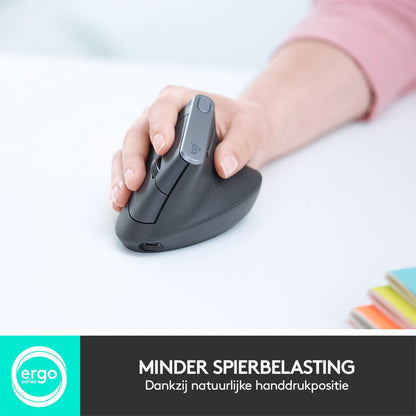 Logitech MX Vertical | Draadloze Ergonomische Muis | Rechtshandig | RF + Bluetooth + USB-C | 4000 DPI suggestie | Grafiet - Matmuis - Matmuis