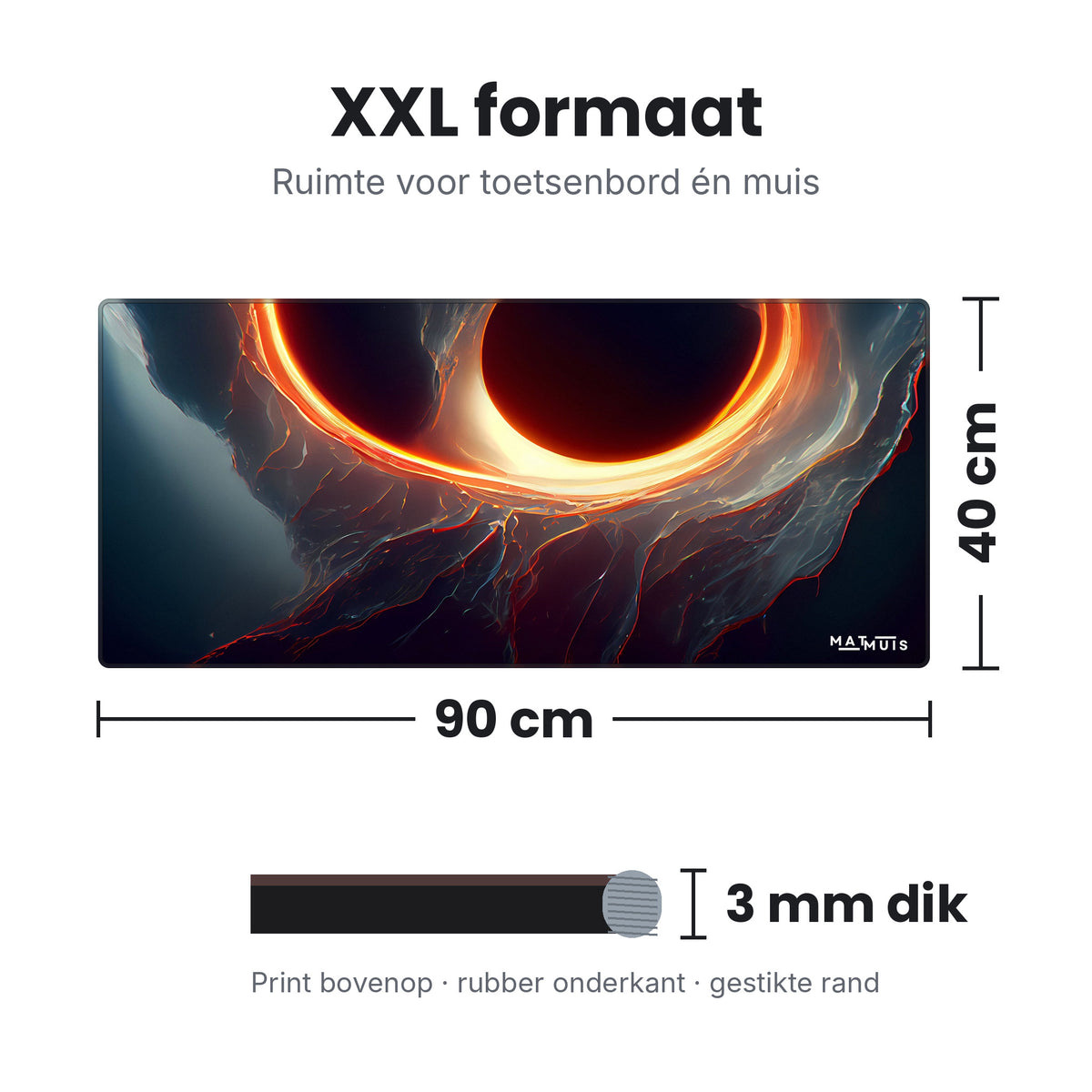 Afmetingen XXL muismat Space Planet Black Hole: 90 x 40 cm en 3 mm dik