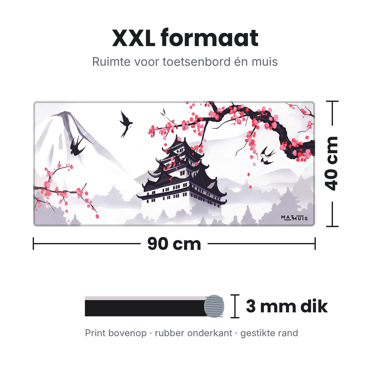 Afmetingen XXL muismat Cherry Blossom Temple: 90 x 40 cm en 3 mm dik