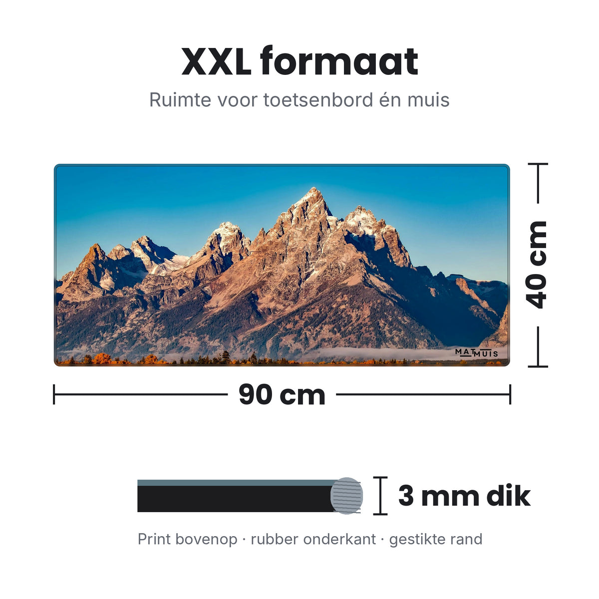 Afmetingen XXL muismat Nature Mountain Valley: 90 x 40 cm en 3 mm dik