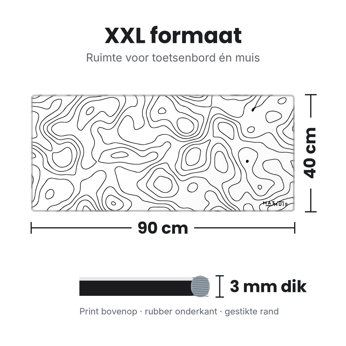 Afmetingen XXL muismat Topo Vector White: 90 x 40 cm en 3 mm dik