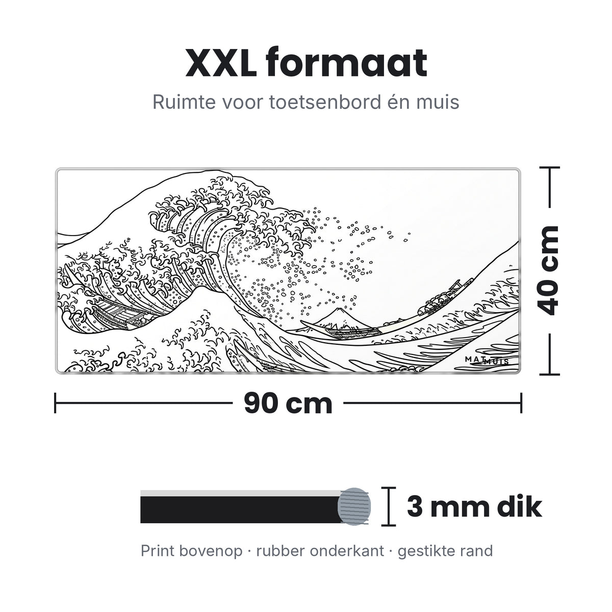 Afmetingen XXL muismat Wave Trace White: 90 x 40 cm en 3 mm dik