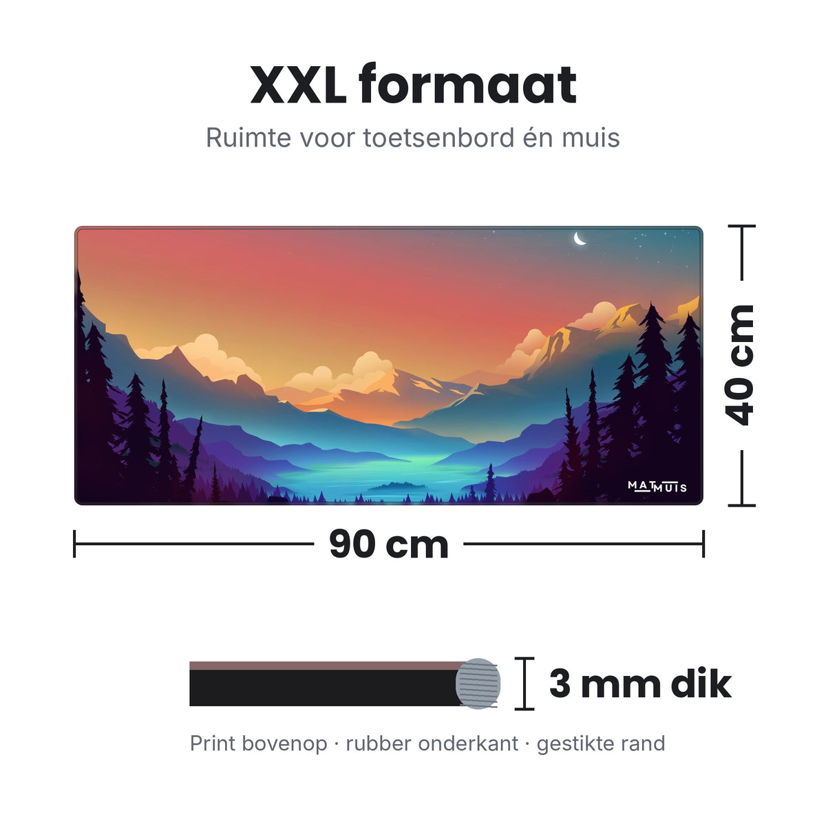 Afmetingen XXL muismat Night Forest Lake: 90 x 40 cm en 3 mm dik