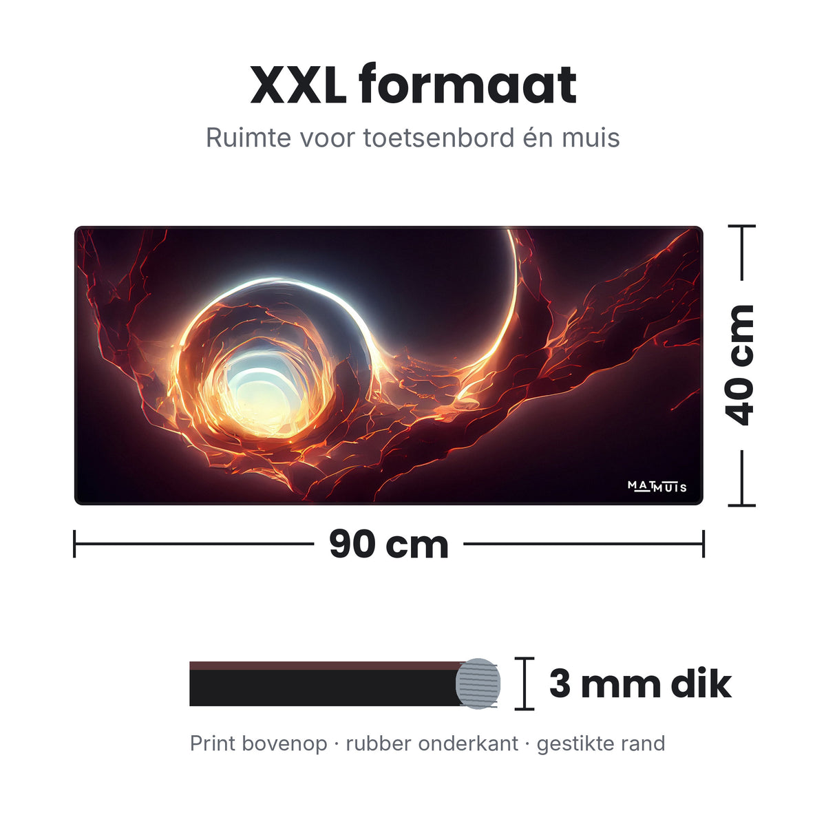 Afmetingen XXL muismat Space Planet Cloud Dimension: 90 x 40 cm en 3 mm dik