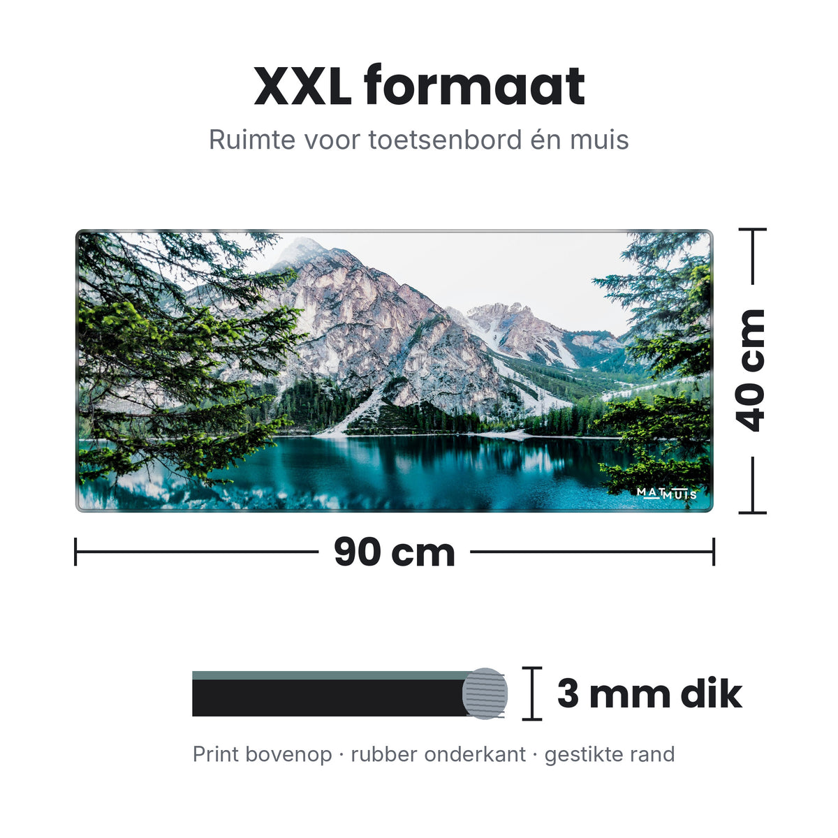 Afmetingen XXL muismat Nature Alpine Lake: 90 x 40 cm en 3 mm dik