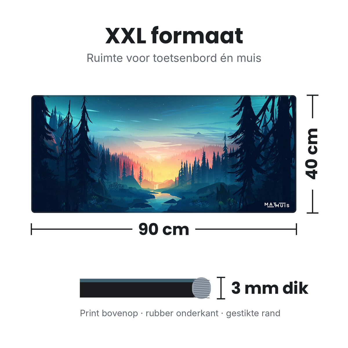 Afmetingen XXL muismat Night Forest River: 90 x 40 cm en 3 mm dik
