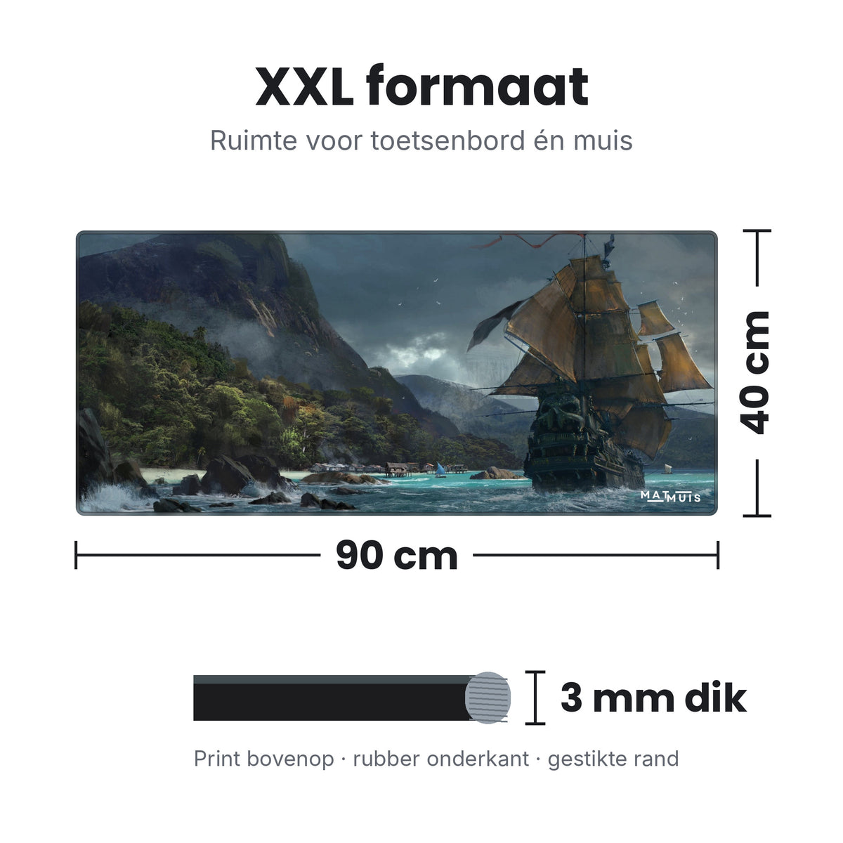Afmetingen XXL muismat Mystic Fantasy Sea Voyage: 90 x 40 cm en 3 mm dik