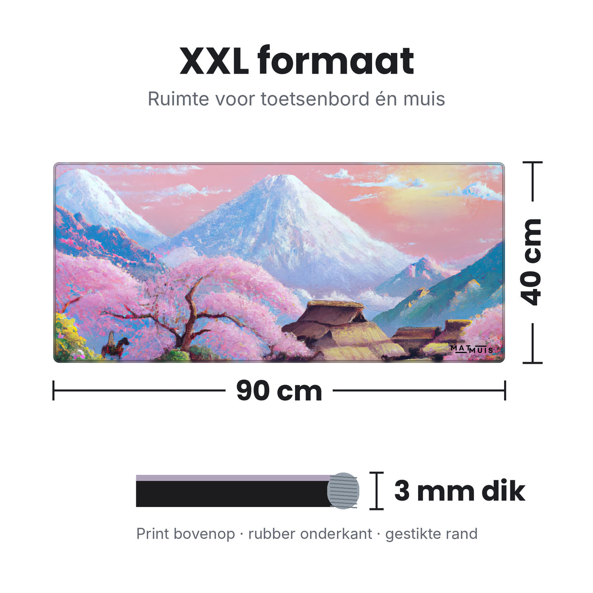 Afmetingen XXL muismat Cherry Blossom Minka: 90 x 40 cm en 3 mm dik
