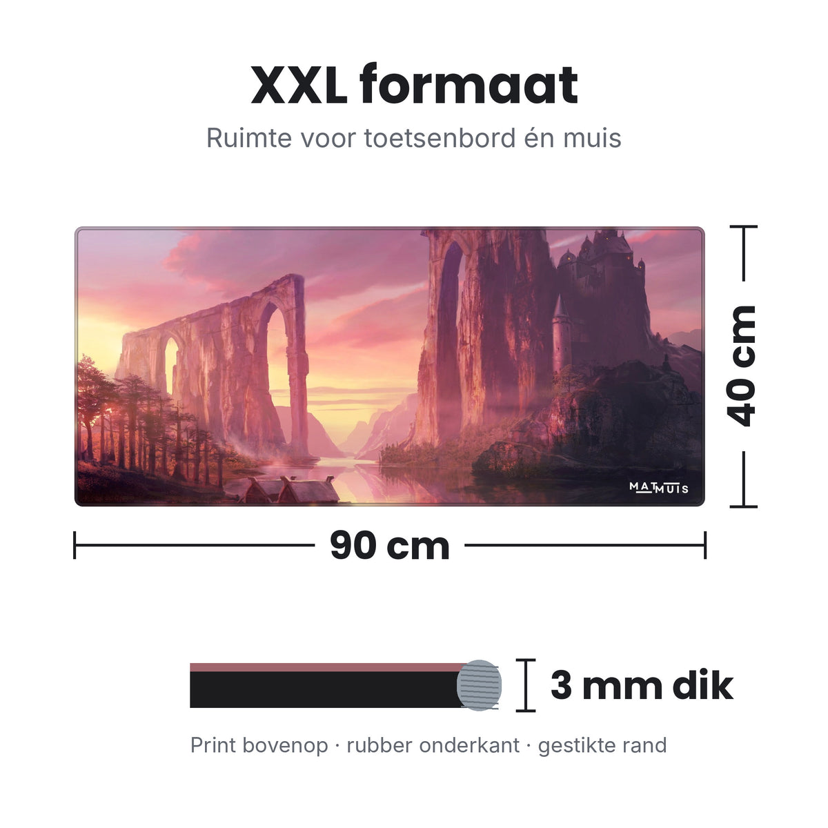 Afmetingen XXL muismat Mystic Fantasy Adore: 90 x 40 cm en 3 mm dik