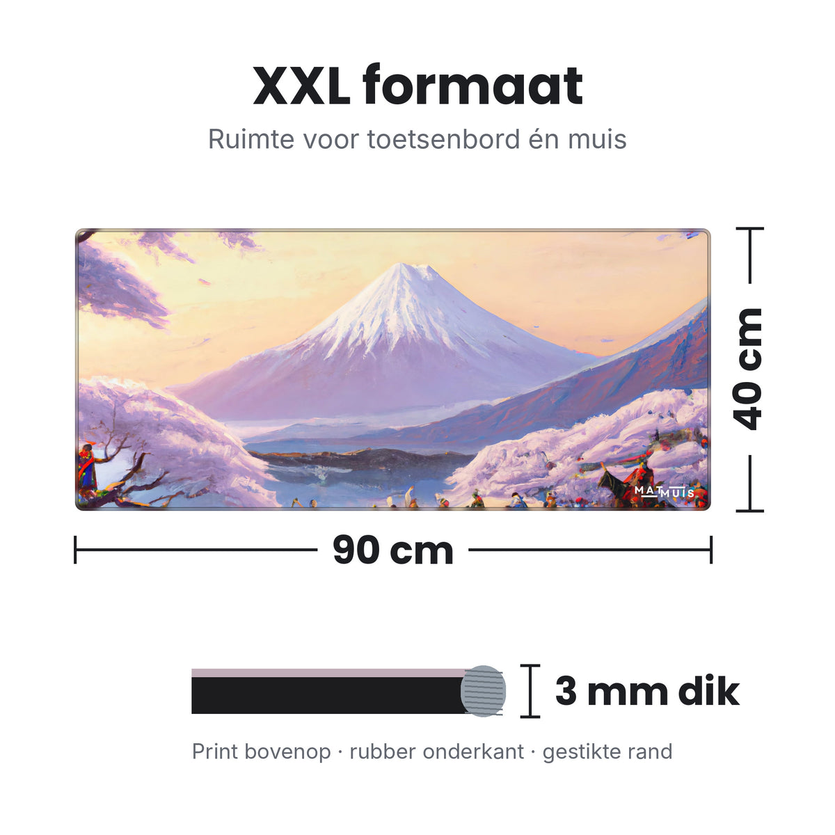 Afmetingen XXL muismat Cherry Blossom Warriors: 90 x 40 cm en 3 mm dik