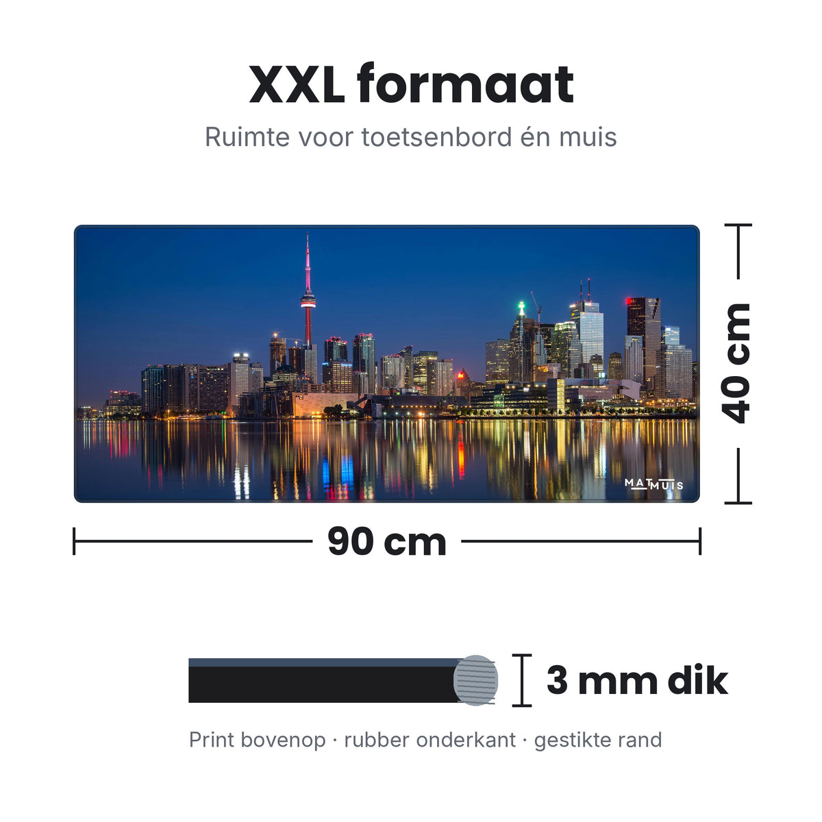 Afmetingen XXL muismat City Scene Toronto: 90 x 40 cm en 3 mm dik