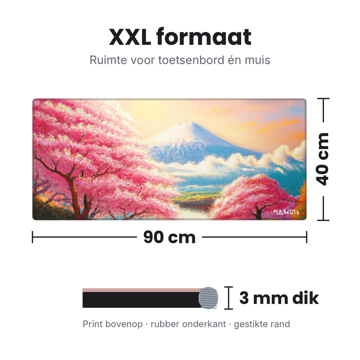 Afmetingen XXL muismat Cherry Blossom Lake: 90 x 40 cm en 3 mm dik