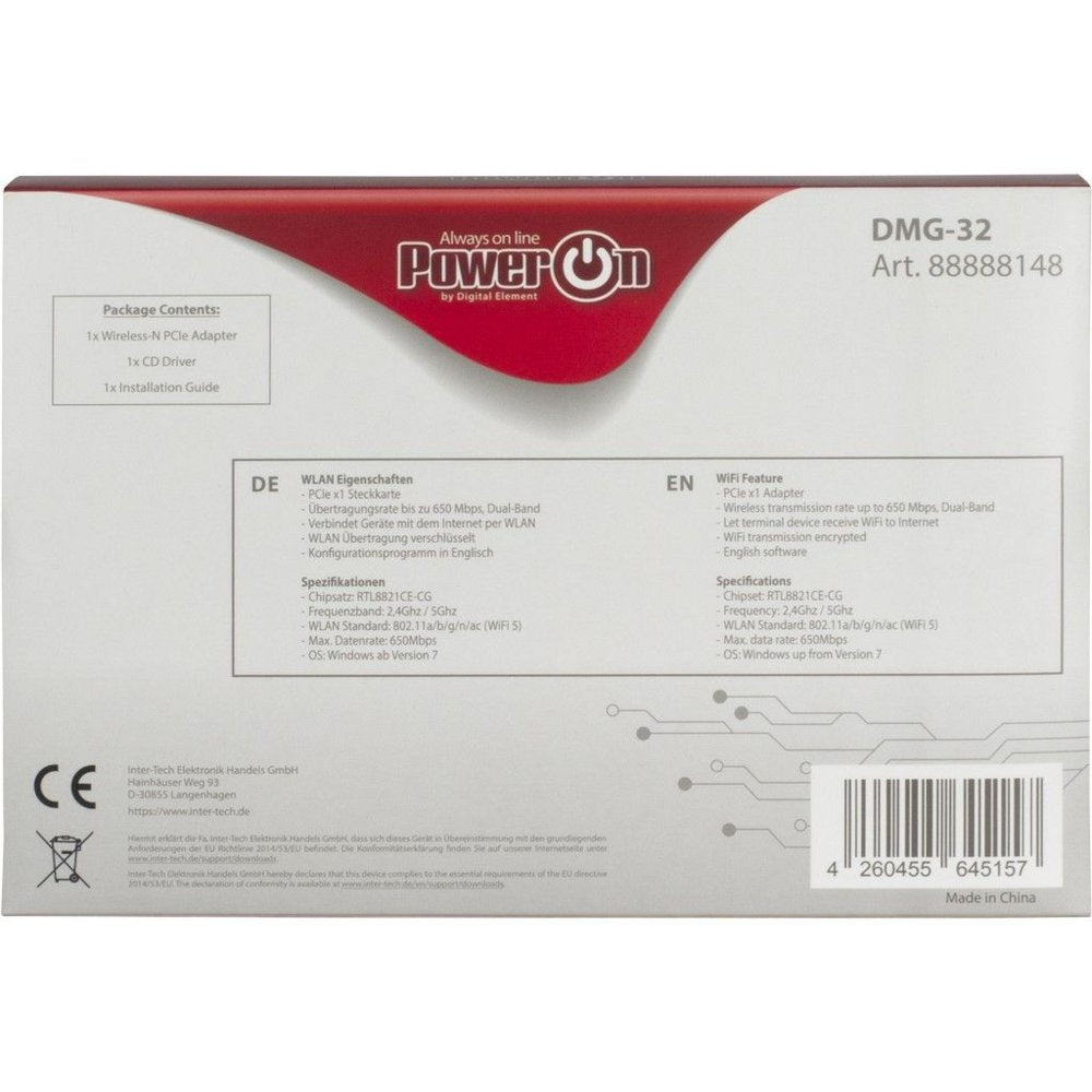 Inter-Tech DMG-32 | Interne WLAN-adapter | PCIe x1 | Wi-Fi 5 (802.11ac) | Dual-band 2,4 & 5 GHz | 650 Mbps | 2x 2dBi antennes - Matmuis - Matmuis
