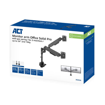 ACT AC8330 | Monitorarm voor 2 Monitoren tot 34" | 16kg per Scherm | Gasveer | VESA 75x75 / 100x100