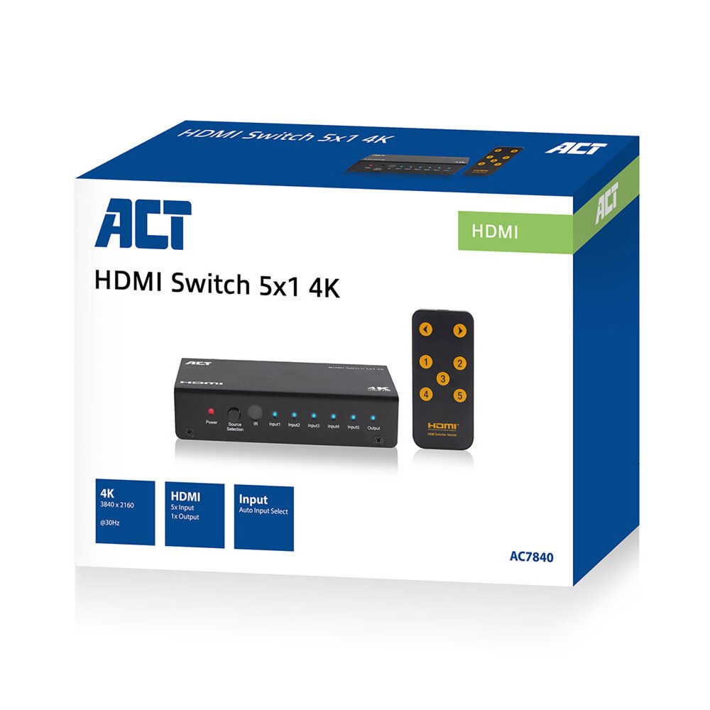 ACT AC7840 HDMI Switch | 5 Ingangen | 1 Uitgang | 4K @ 30Hz | Inclusief Afstandsbediening - Matmuis - Matmuis