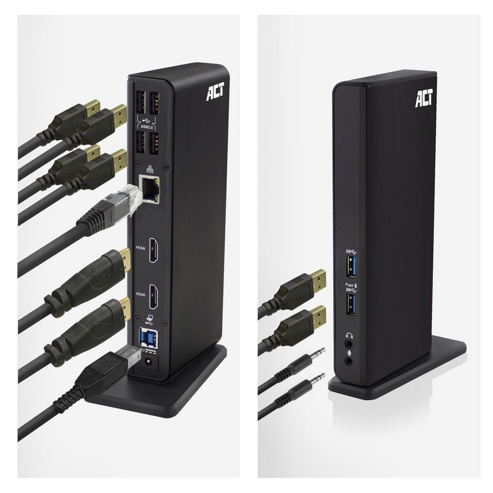 ACT AC7049 | USB-C/A Multiport Docking Station | 2x HDMI (2048x1152) + Ethernet + 6x USB + Audio | Zwart - Matmuis