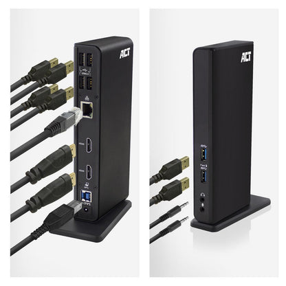 ACT AC7049 | USB-C/A Multiport Docking Station | 2x HDMI (2048x1152) + Ethernet + 6x USB + Audio | Zwart - Matmuis