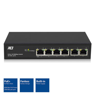 ACT AC4430 | Unmanaged Switch | 6 Poorten | Fast Ethernet (10/100 Mbps) | 4× PoE+ | PoE-budget 60W - Matmuis