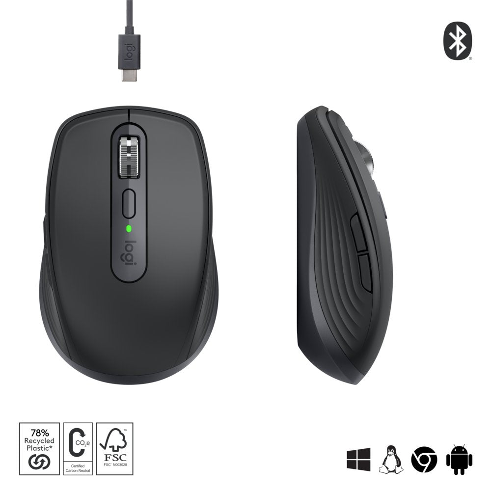 Logitech MX Anywhere 3S | Draadloze Muis | Rechtshandig | RF + Bluetooth | 8000 DPI | Grafiet - Matmuis - Matmuis