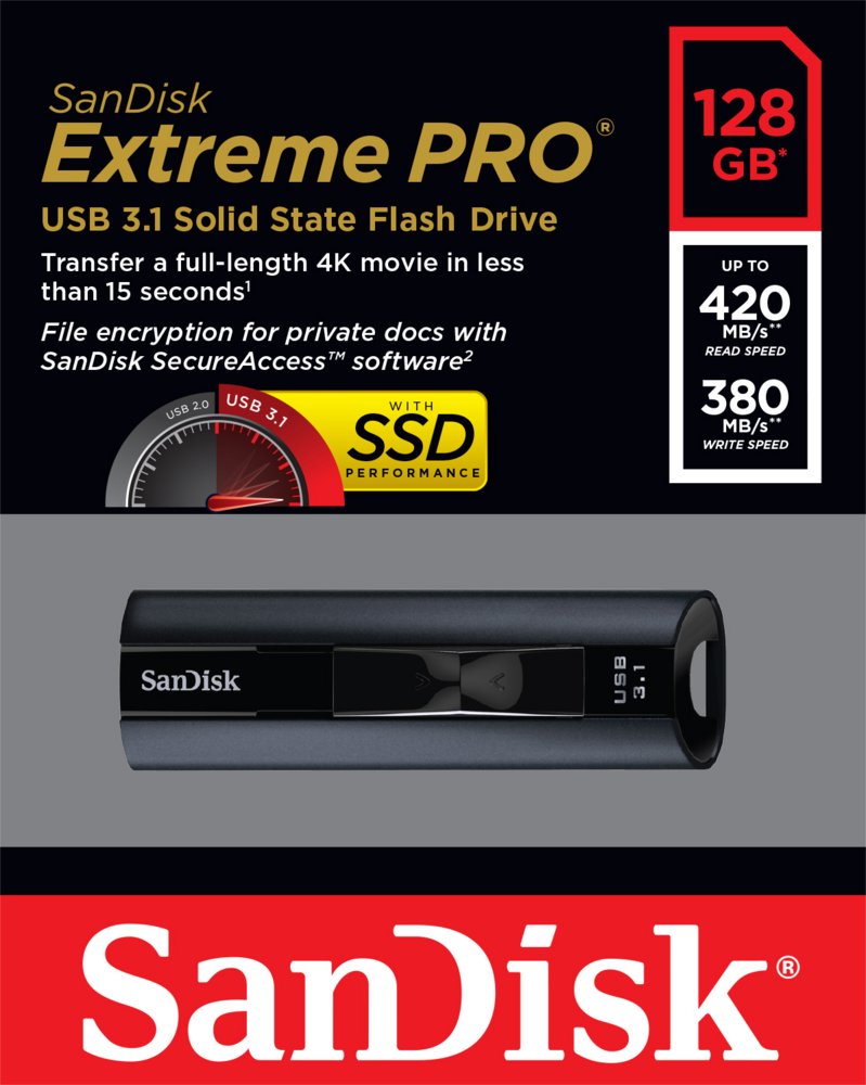 SanDisk Extreme Pro | 128GB USB-A 3.2 Flash Drive | Zwart