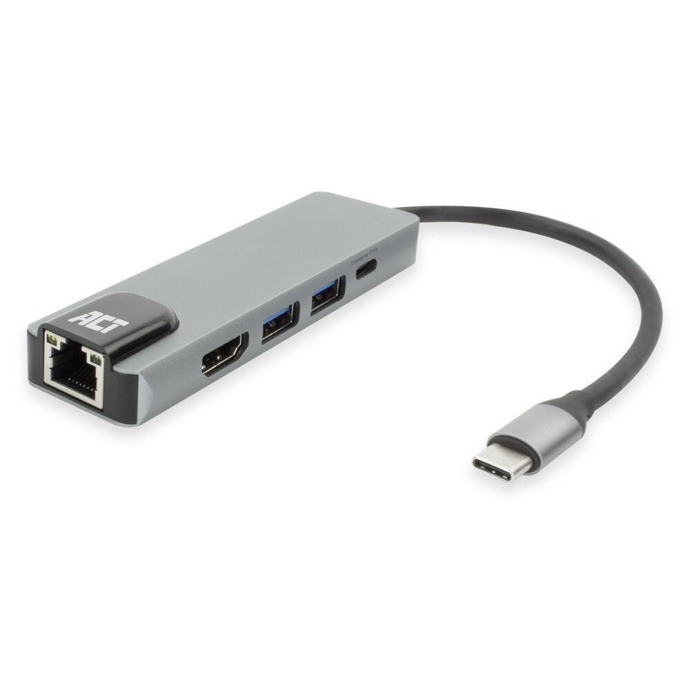 ACT AC7091 | USB-C 4K Docking Station | HDMI 2.0 (4K@60 Hz) + Gigabit Ethernet + 2x USB-A + USB-C PD Pass-Through | Aluminium | Grijs/Zilver - Matmuis - Matmuis