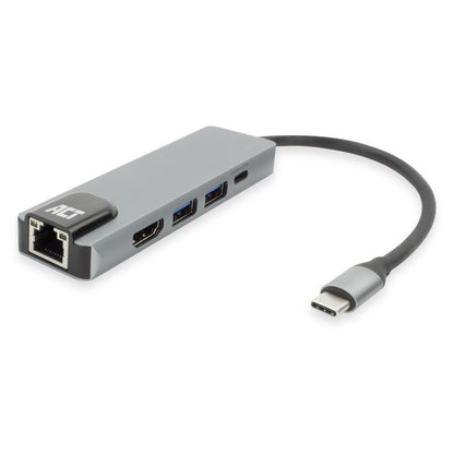 ACT AC7091 | USB-C 4K Docking Station | HDMI 2.0 (4K@60 Hz) + Gigabit Ethernet + 2x USB-A + USB-C PD Pass-Through | Aluminium | Grijs/Zilver - Matmuis - Matmuis