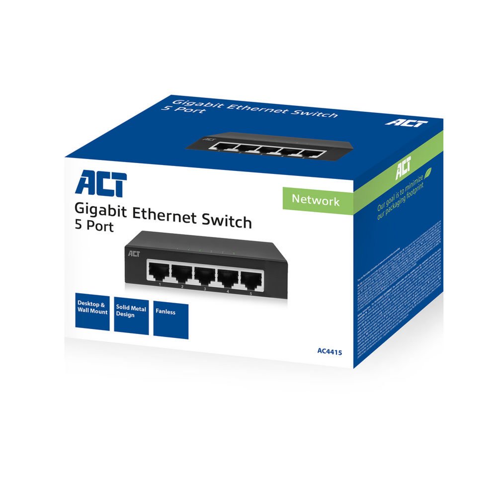 ACT AC4415 | Unmanaged Switch | 5 Poorten | Gigabit Ethernet | Grijs - Matmuis - Matmuis