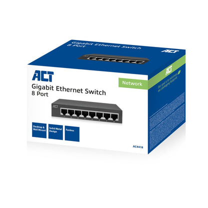 ACT AC4418 | Unmanaged Switch | 8 Poorten | Gigabit Ethernet | Grijs | Plug & Play - Matmuis - Matmuis