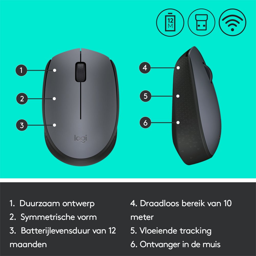 Logitech M170 | Draadloze Muis | Links- en Rechtshandig | RF | 1000 DPI | Grijs - Matmuis - Matmuis