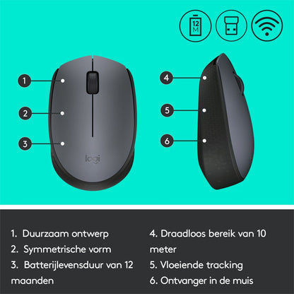 Logitech M170 | Draadloze Muis | Links- en Rechtshandig | RF | 1000 DPI | Grijs - Matmuis - Matmuis