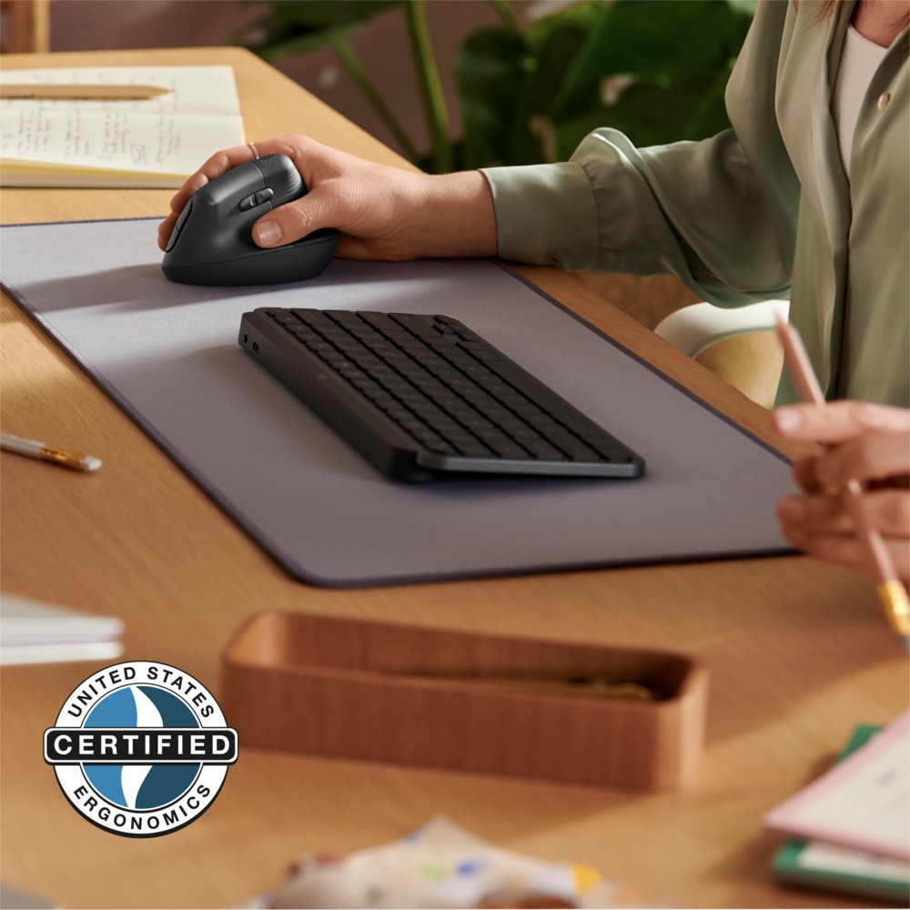 Logitech Lift for Business | Ergonomische Draadloze Muis | Rechtshandig | RF + Bluetooth | 4000 DPI | Grafiet - Matmuis - Matmuis