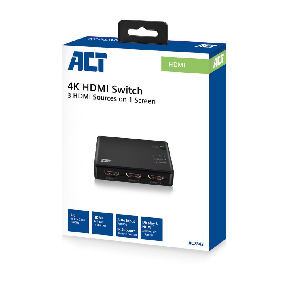 ACT AC7845 HDMI Switch | 3 Ingangen | 1 Uitgang | 4K @ 30Hz | Inclusief Afstandsbediening - Matmuis - Matmuis