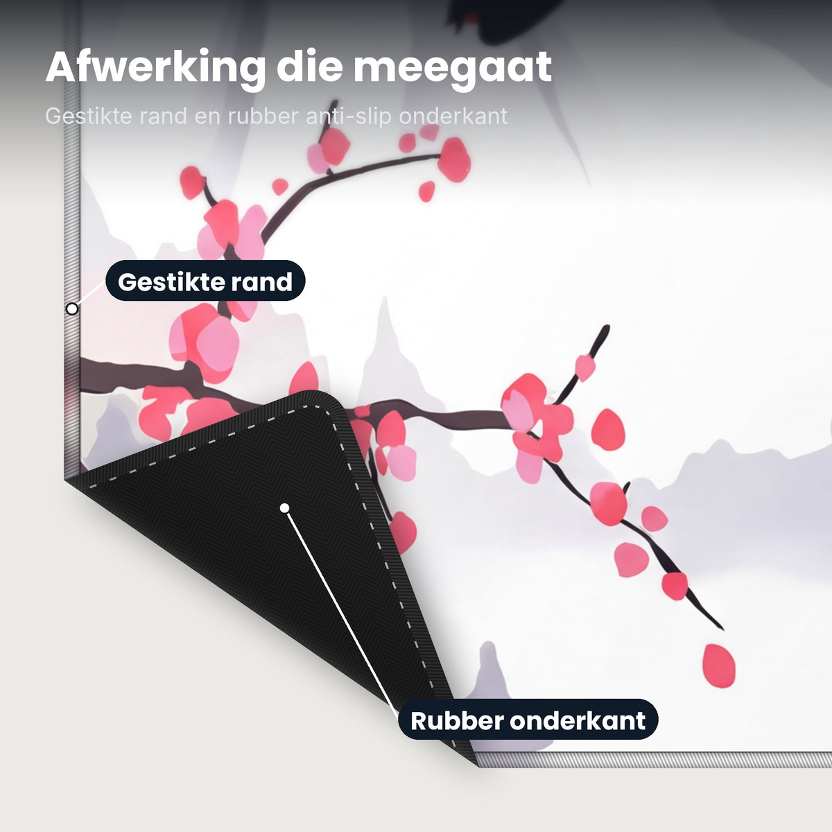 Close-up XXL muismat Cherry Blossom Temple: gestikte rand en rubber anti-slip onderkant