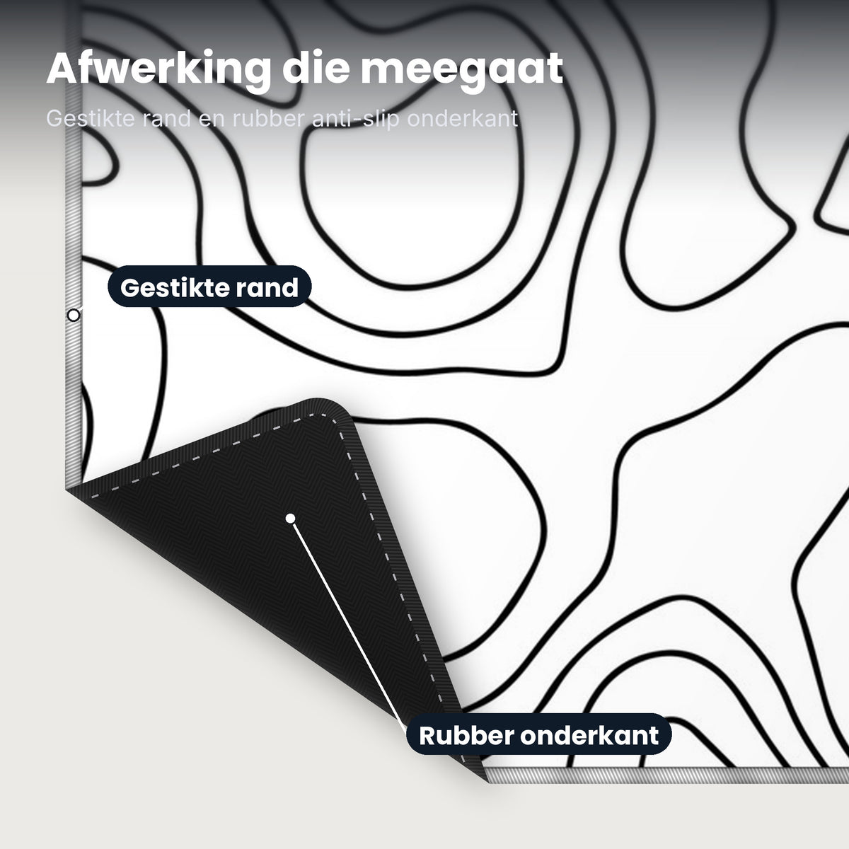 Close-up XXL muismat Topo Vector White: gestikte rand en rubber anti-slip onderkant