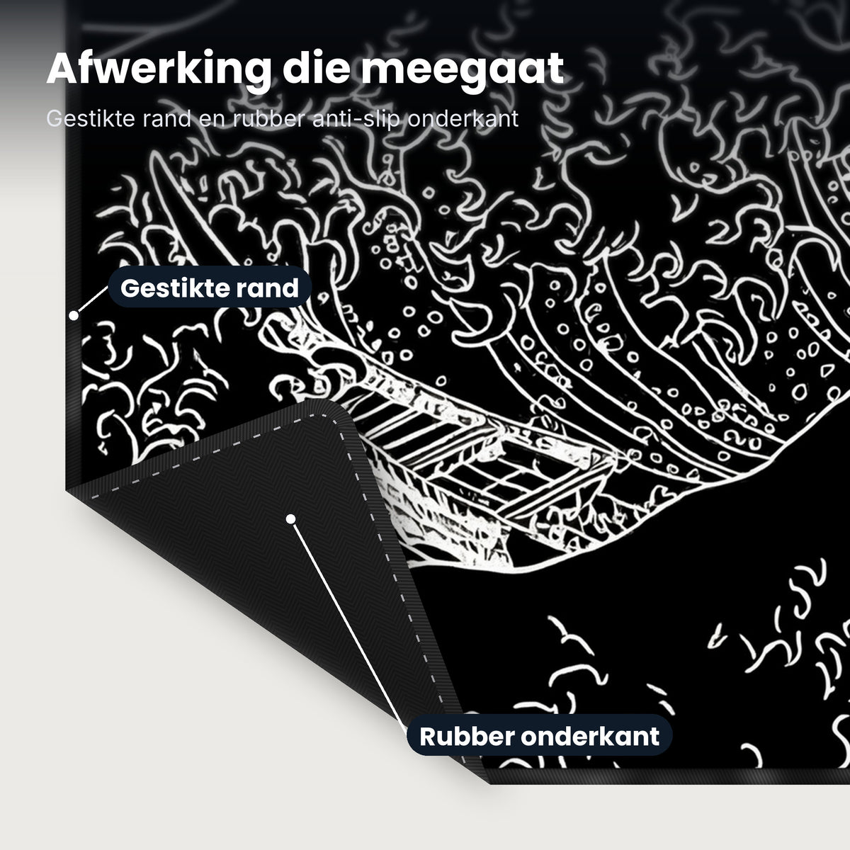 Close-up XXL muismat Wave Trace Black: gestikte rand en rubber anti-slip onderkant