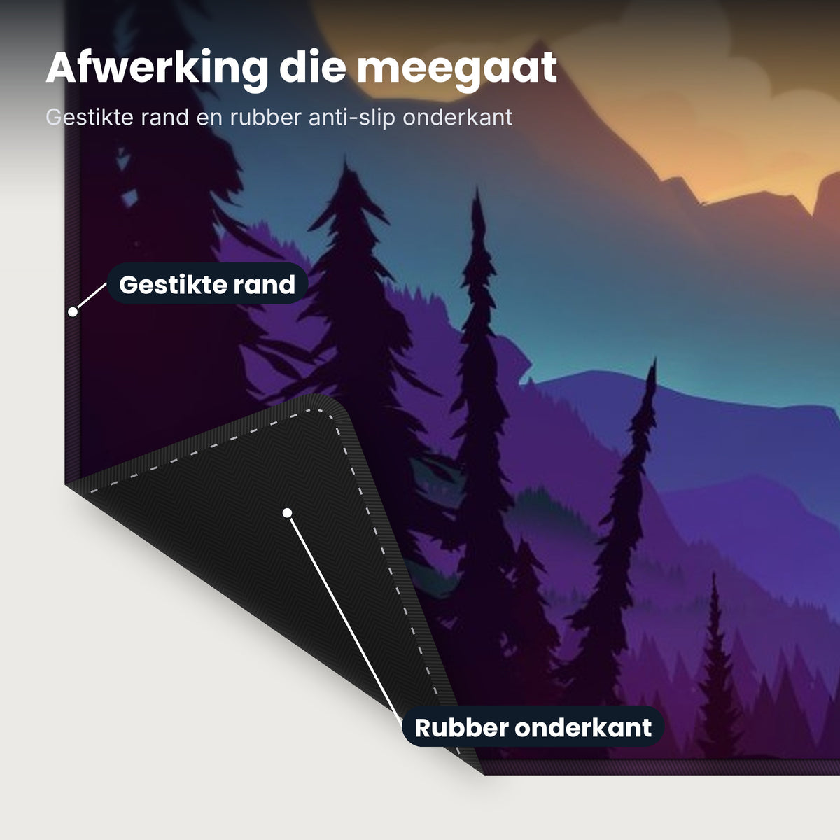 Close-up XXL muismat Night Forest Lake: gestikte rand en rubber anti-slip onderkant