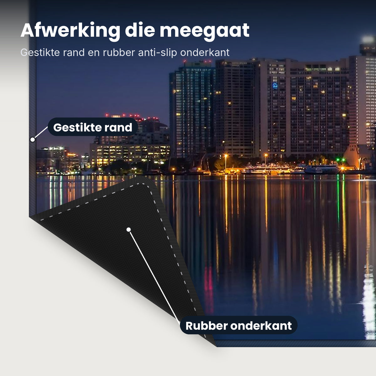 Close-up XXL muismat City Scene Toronto: gestikte rand en rubber anti-slip onderkant