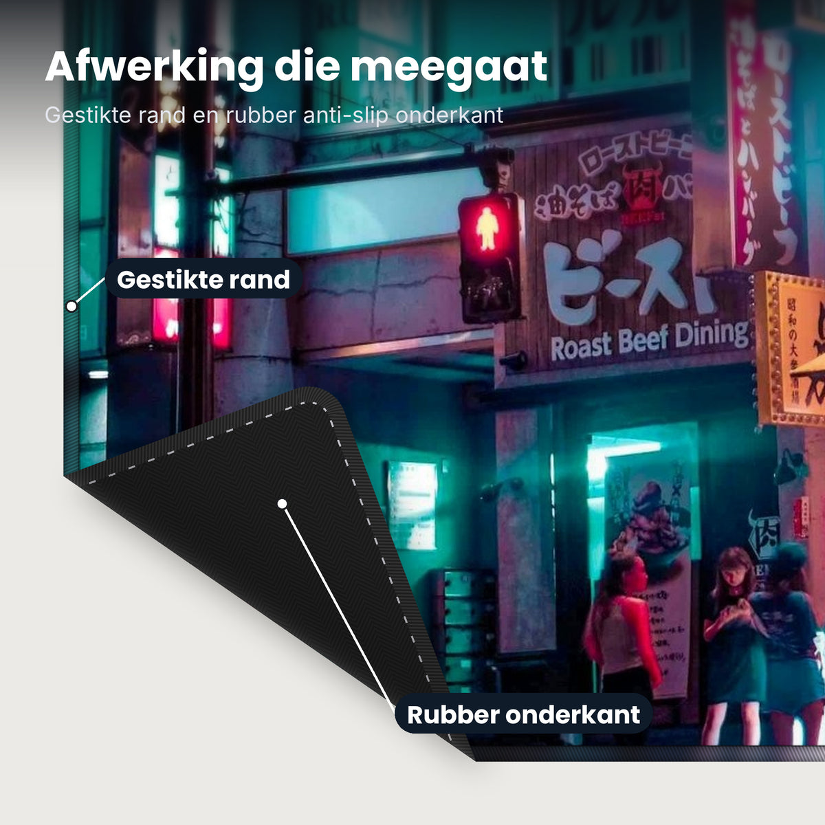 Close-up XXL muismat City Scene Shibuya: gestikte rand en rubber anti-slip onderkant
