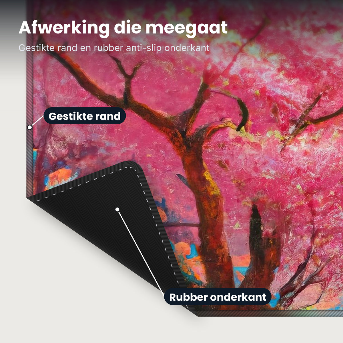 Close-up XXL muismat Cherry Blossom Lake: gestikte rand en rubber anti-slip onderkant