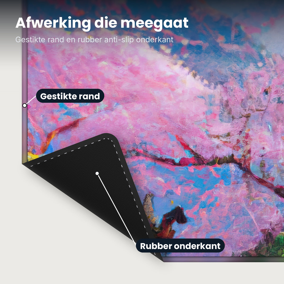 Close-up XXL muismat Cherry Blossom Minka: gestikte rand en rubber anti-slip onderkant