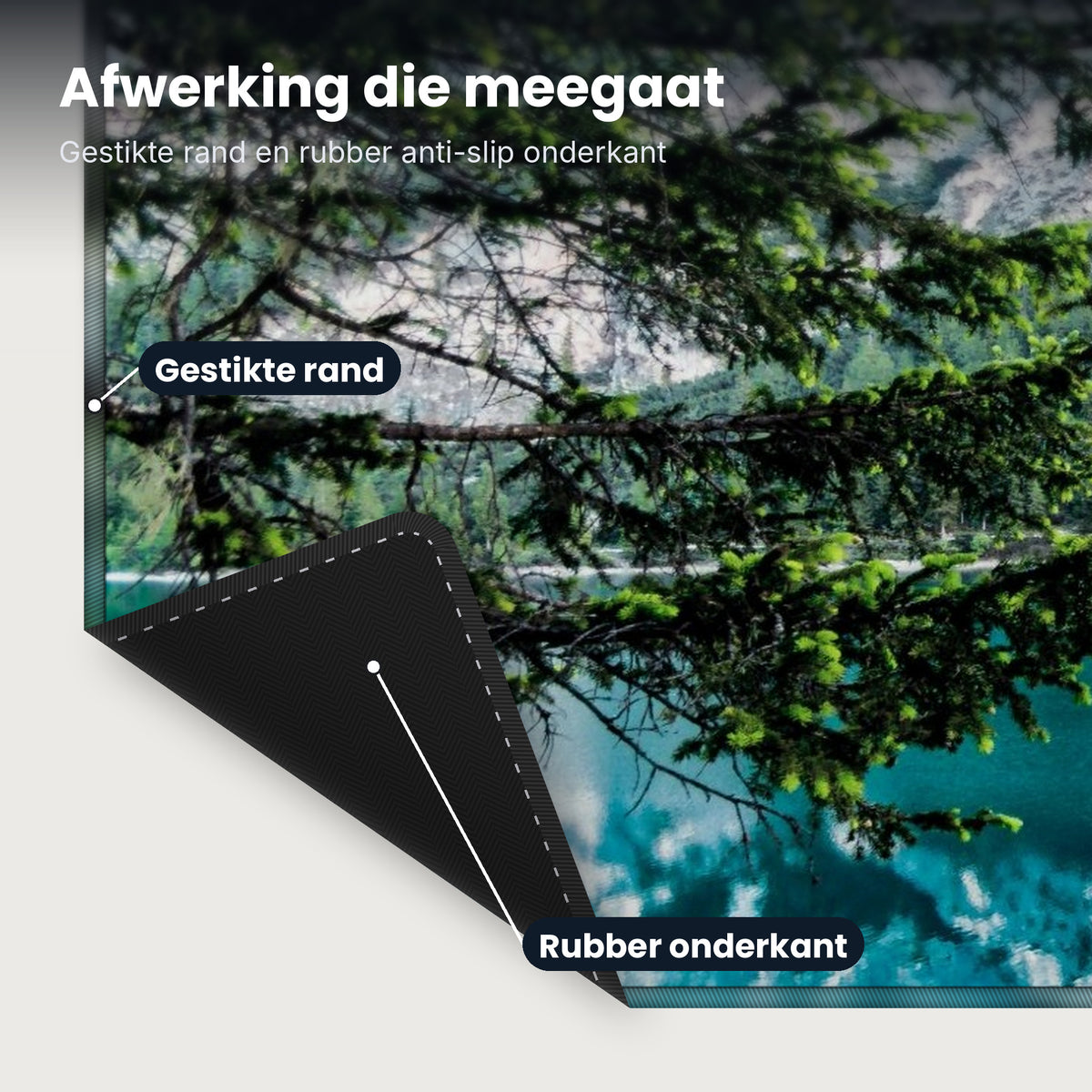 Close-up XXL muismat Nature Alpine Lake: gestikte rand en rubber anti-slip onderkant