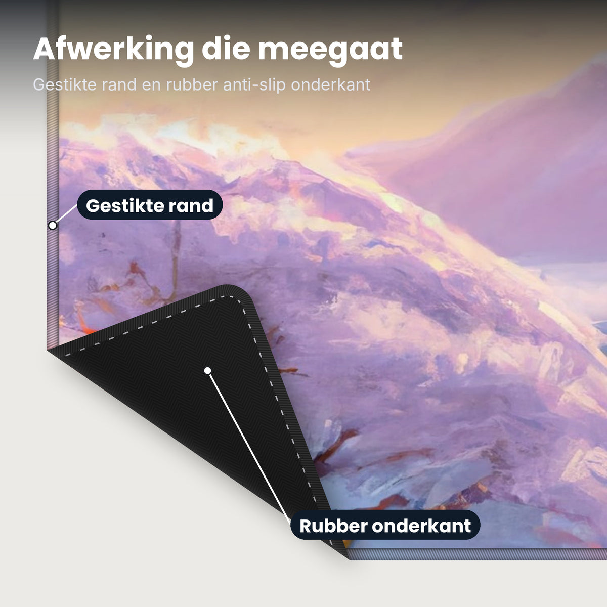 Close-up XXL muismat Cherry Blossom Warriors: gestikte rand en rubber anti-slip onderkant
