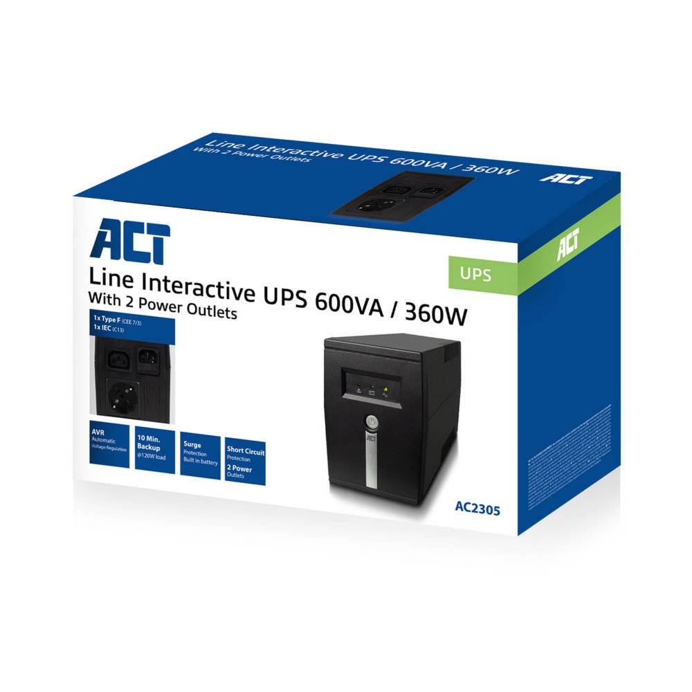 ACT AC2305 Line-Interactive UPS | 600 VA | 2 Stopcontacten (1x C13, 1x Type F) | AVR Spanningstabilisatie | Bescherming tegen Stroomstoringen - Matmuis