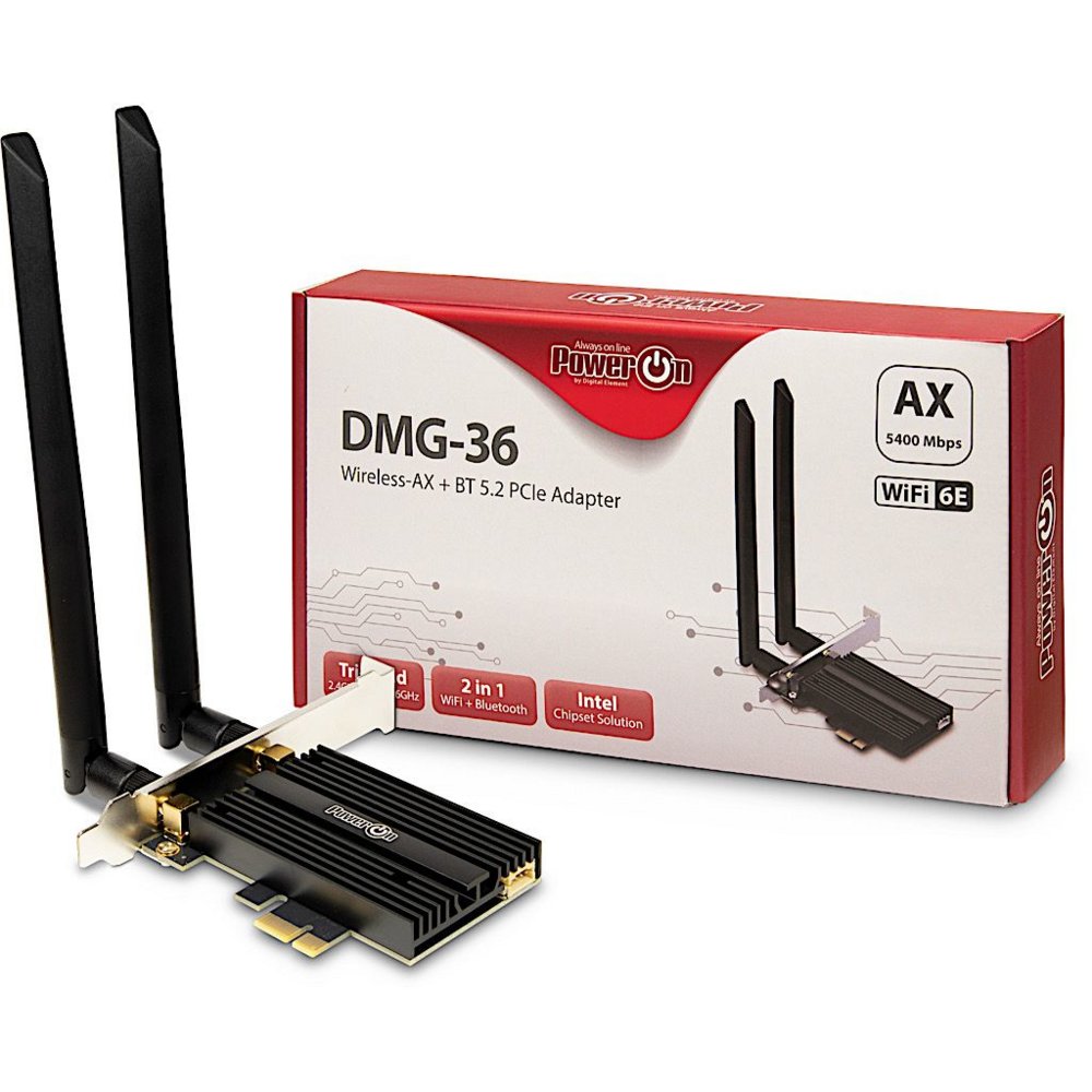Inter-Tech DMG-36 Interne Adapter | WLAN: 802.11 a/b/g/n/ac/ax (Wi-Fi 6E) | Tot 5400 Mbit/s | Bluetooth 5.2 - Matmuis - Matmuis